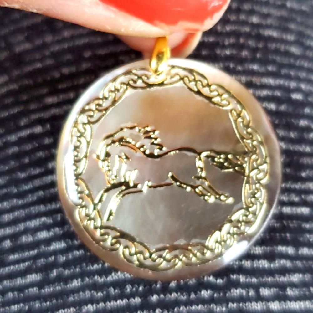 New Carved Horse Natural Abalone Shell Gold Pendant.
